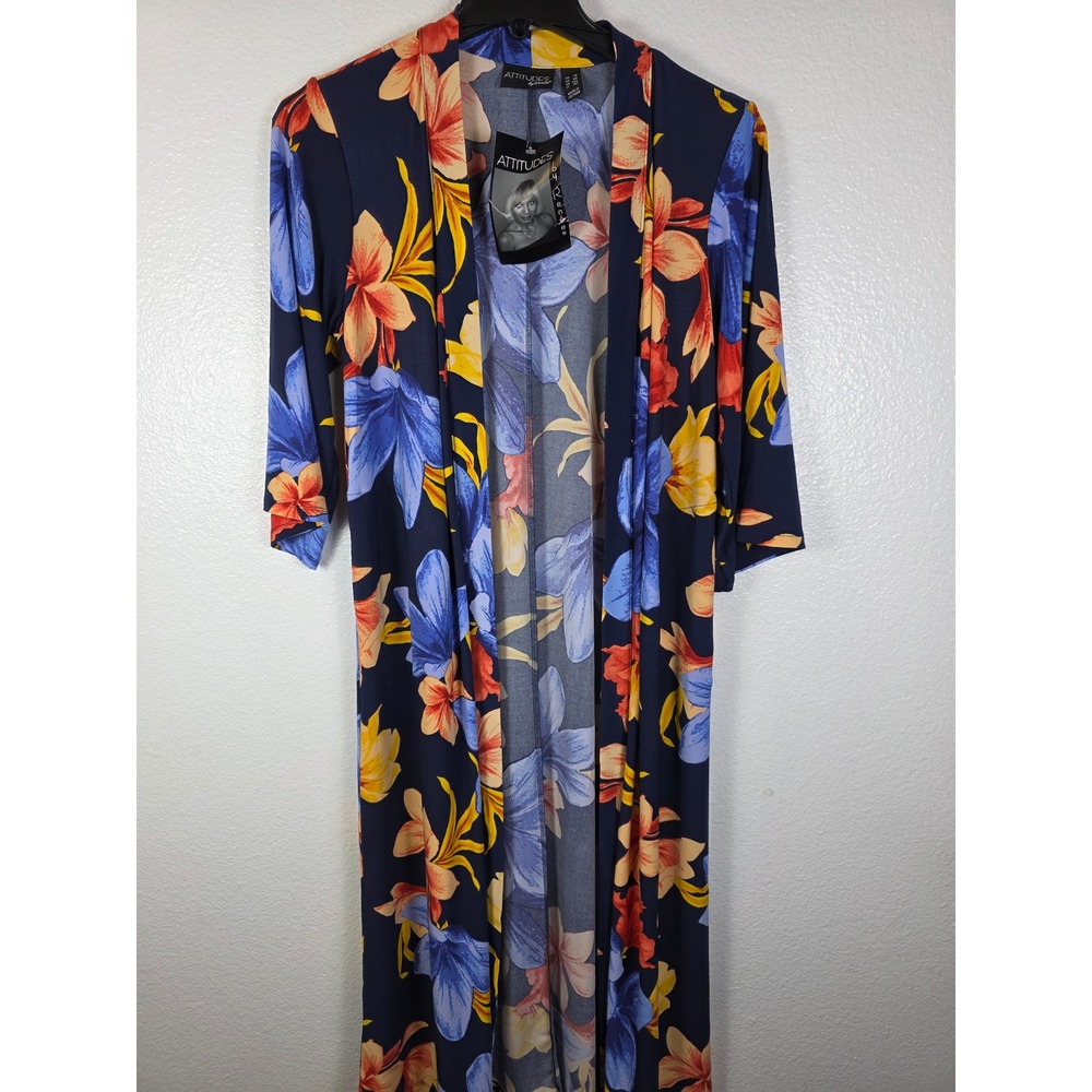 Attitudes‎ by Renee Navy Blue Floral Duster Cardigan Open Front Petite Small